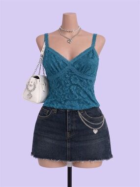 Daisy Fuentes Vintage Y2K Blue Lace Cami Top Size L Mermaid Coquette Soft Girl